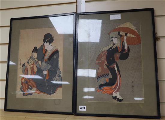 Otamaro, two Japanese woodblock prints, signed, largest 37 x 24cm